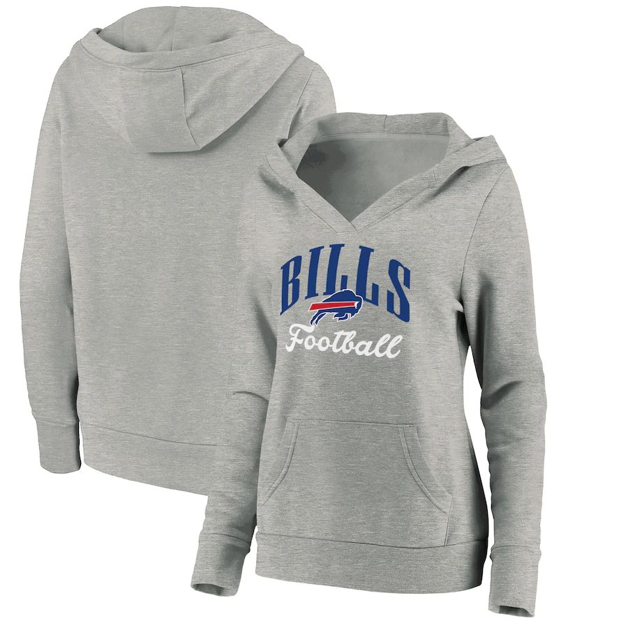 Women Buffalo Bills Fanatics Branded Heathered Gray Victory Script V-Neck Pullover Hoodie->women nfl jersey->Women Jersey
